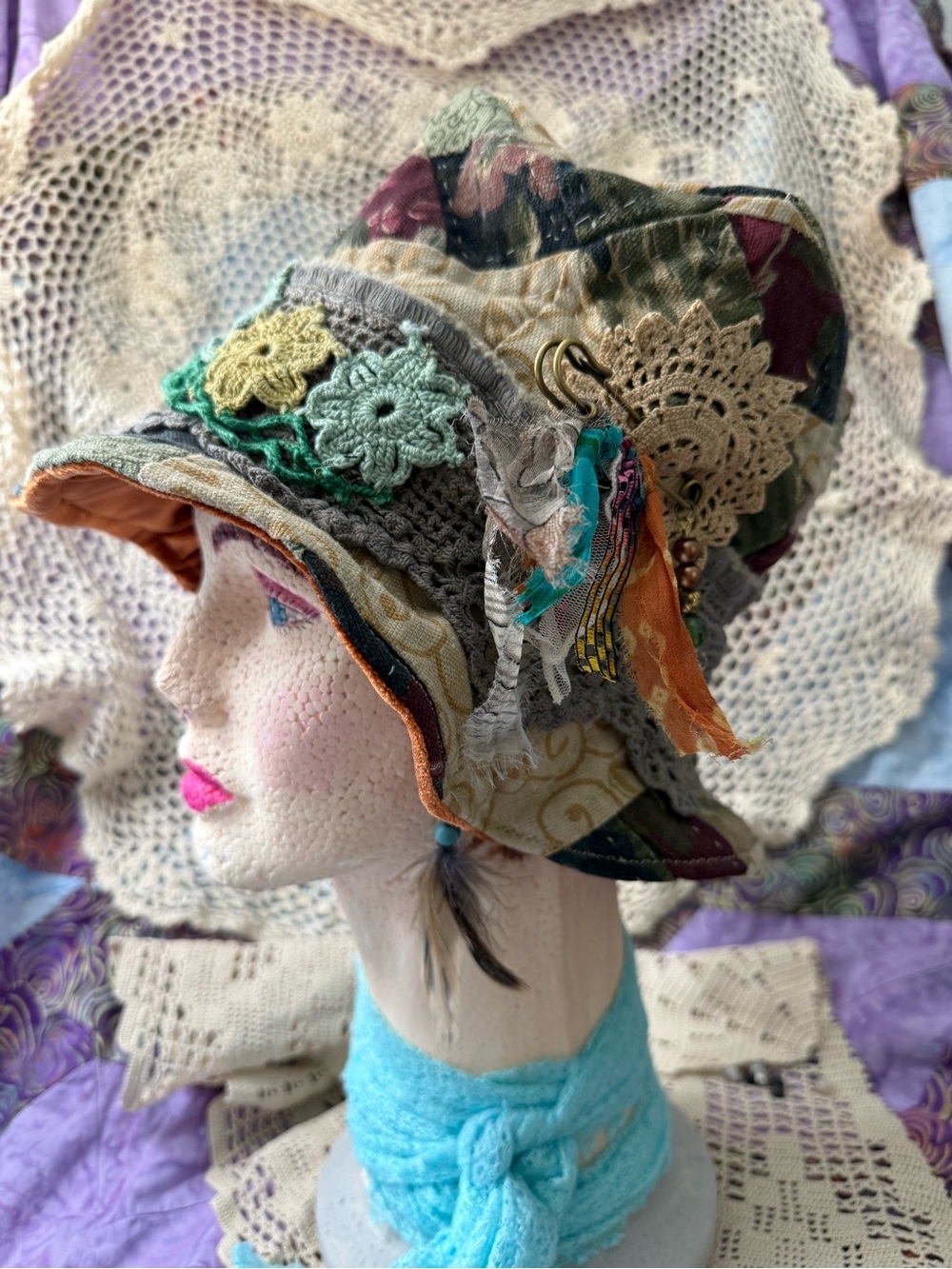 Handmade Upcycled Patchwork Cat Hemingway Style Hat 21 inch Medium to Large